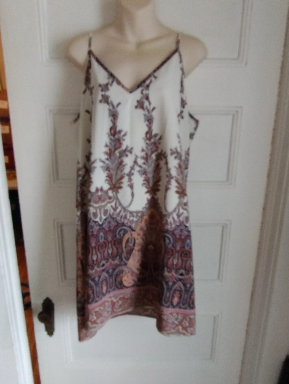 White Paisley Print Slip Dress with Brown & Pink Accents SZ Large